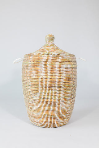 Afrikanischer Wäschekorb mit Deckel / Aufbewahrungskorb Pikine, geflochten aus Savannengras - für Bad und Wohnzimmer
